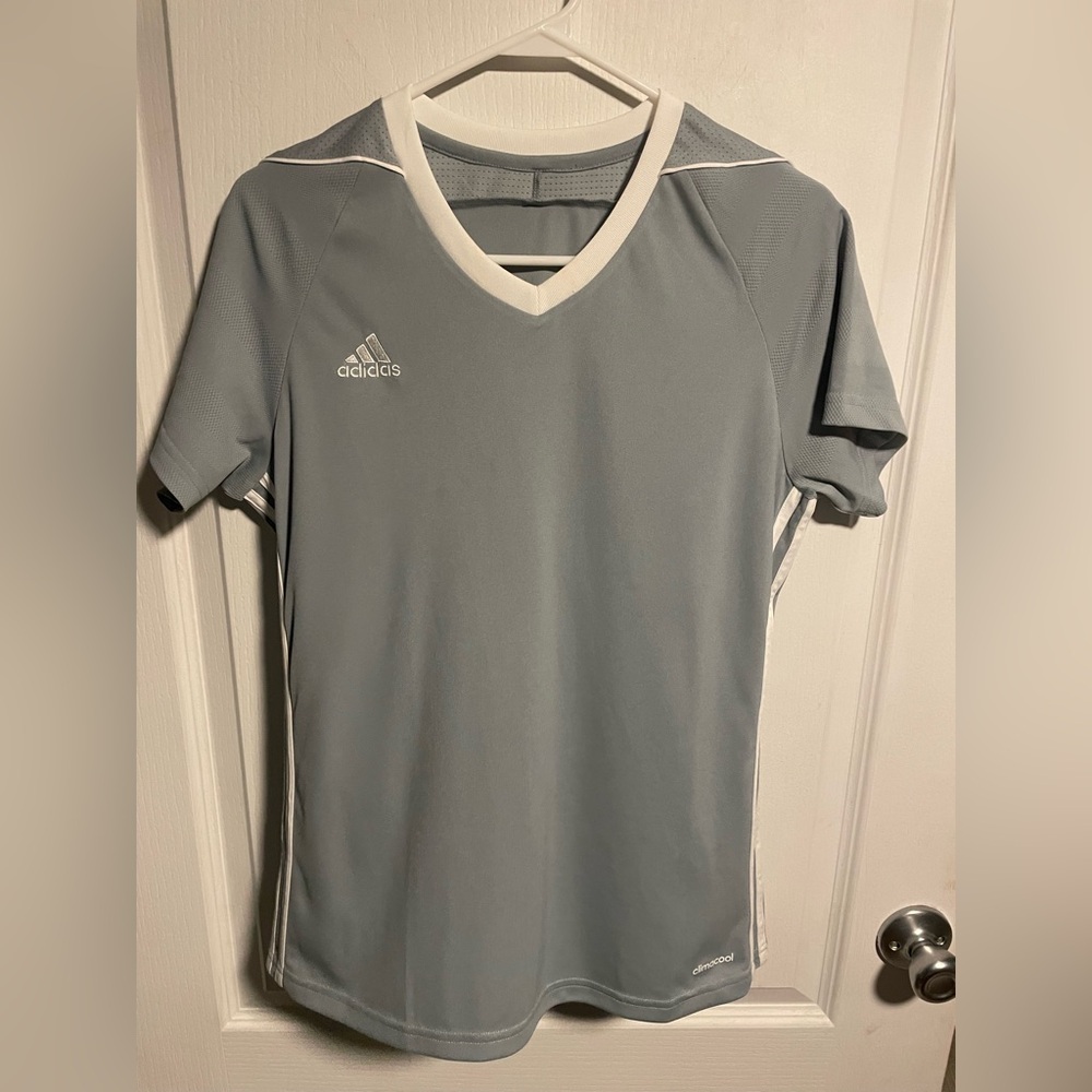 Adidas women’s Climacool Gray & White Golf tee shirt, 3 Striped detail, M